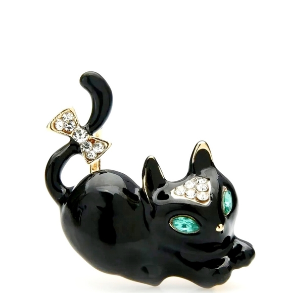 2 new gold plated black-and-white green crystal cat bow necklace/brooches - Picture 10 of 16